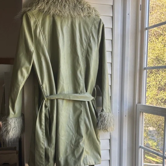 Show Me Your MuMu Penny Lane Olive Green Faux Fur-Trim Tie-Waist Coat - Picture 8 of 8